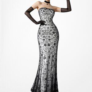 Vintage Gray Black Strapless Floral Beaded Maxi Prom Formal Dress Size M/L